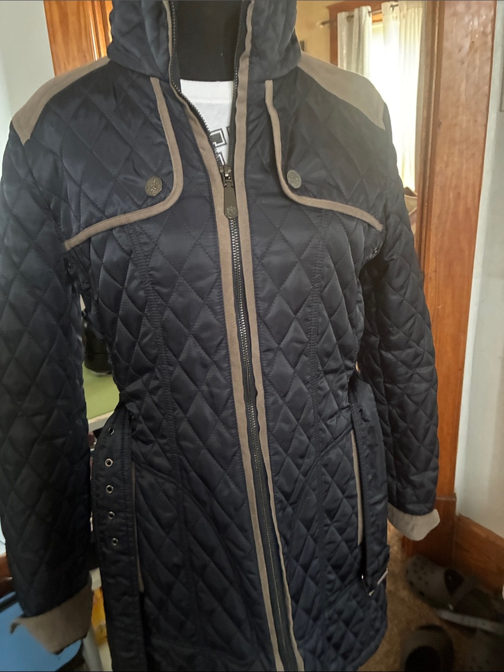 Vince Camuto Navy Quilted Utility Jacket with Tan Trim